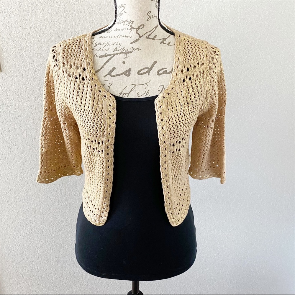 CACHE Crochet Sparkle Cropped Shrug Copper Tan Color Size Medium EXCELLENT